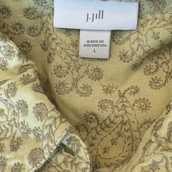 J. Jill Size L Olive Green Floral Embroidered Button-Up Blouse Boho Cotton Top - Picture 2 of 9
